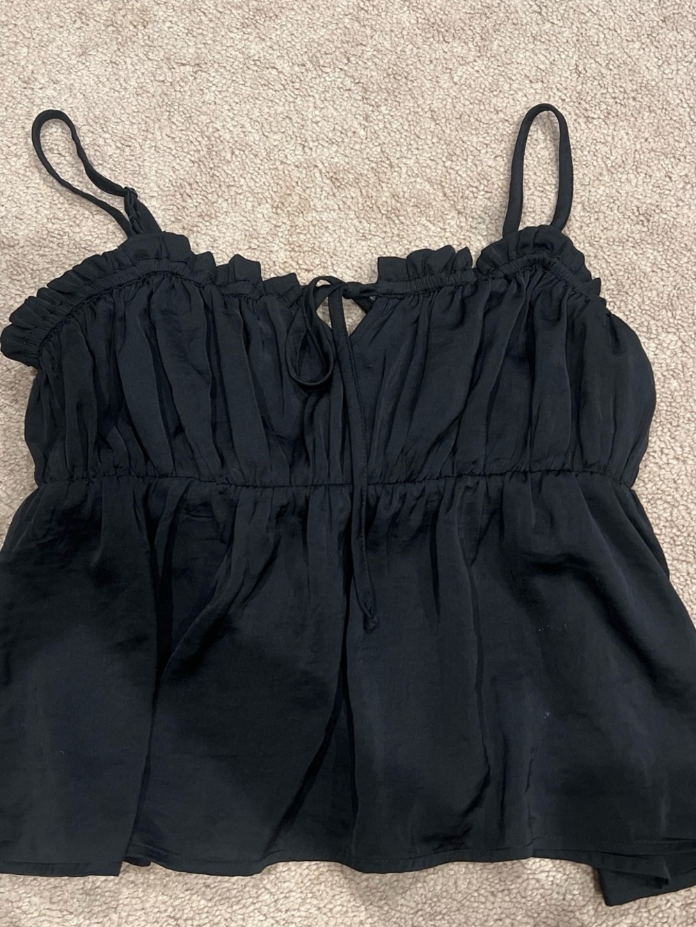 American Eagle Black Smocked Cami Top with Ruffled Edge